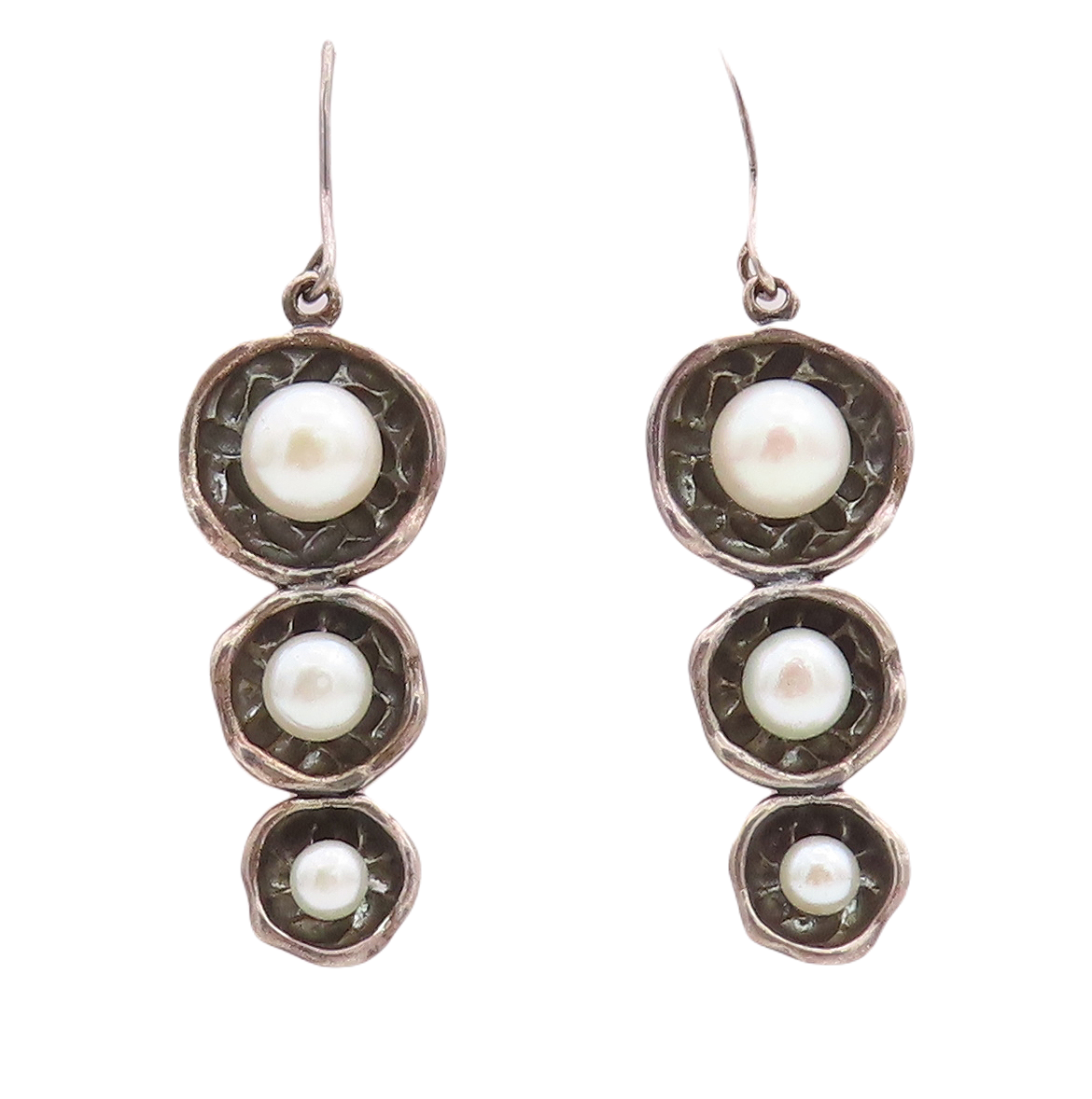 925 Sterling Silver Vintage Earrings Dark Tone Pearl Floral Cutout   EG13258