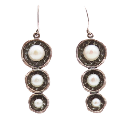 925 Sterling Silver Vintage Earrings Dark Tone Pearl Floral Cutout   EG13258