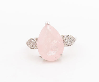 925 Sterling Silver Vintage Ring Drop Cut Rose Quartz & Diamonds  Sz 8  RG29235