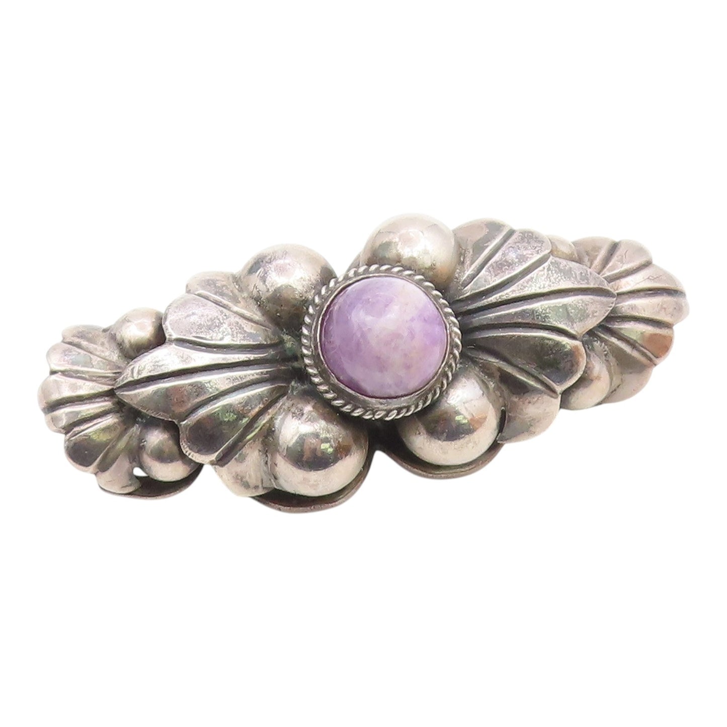 MEXICO 925 Silver  Vintage Antique Cabochon Amethyst Floral Brooch Pin  BP8260