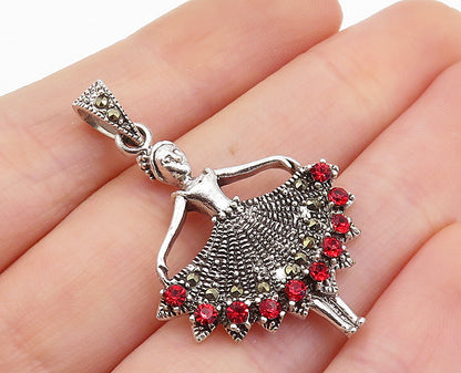 925 Sterling Silver  Red Coral & Marcasite Ballet Dancer Motif Pendant  PT5928