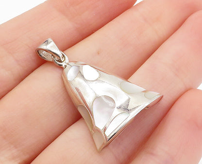 925 Sterling Silver  Shiny Mother Of Pearl Retro Flowers Bell Pendant  PT5825