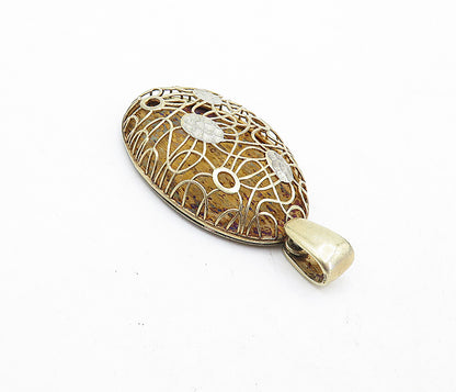 925 Sterling Silver  Vintage Two Tone Floral Swirl Oval Dome Pendant  PT3214