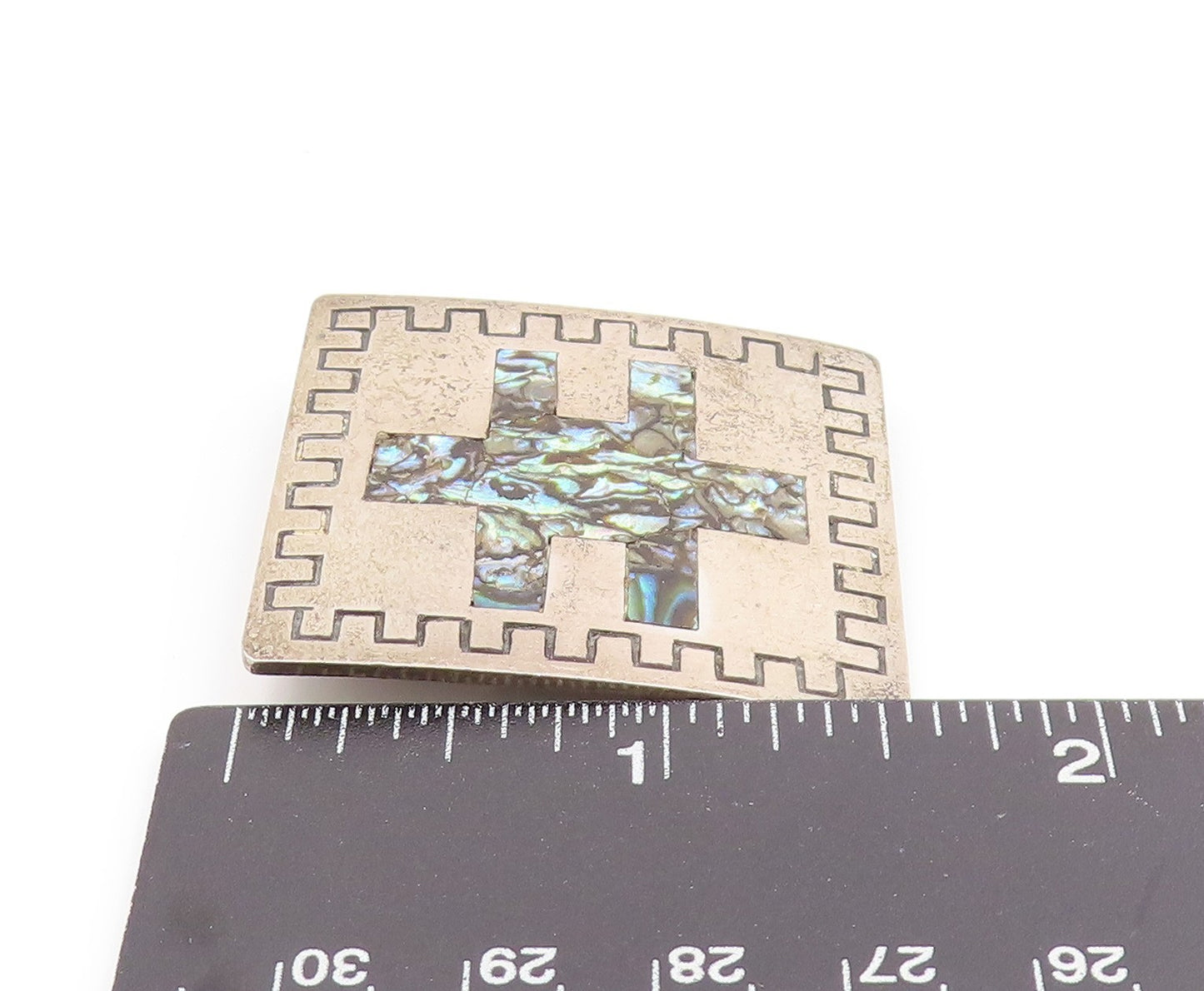 925 Sterling Silver Vintage Brooch Pin MEXICO Abalone Inlay Square  BP12436