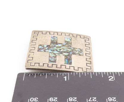 925 Sterling Silver Vintage Brooch Pin MEXICO Abalone Inlay Square  BP12436