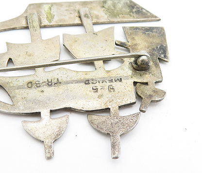 MEXICO 925 Sterling Silver  Vintage Dark Tone Ship Motif Brooch Pin  BP1817