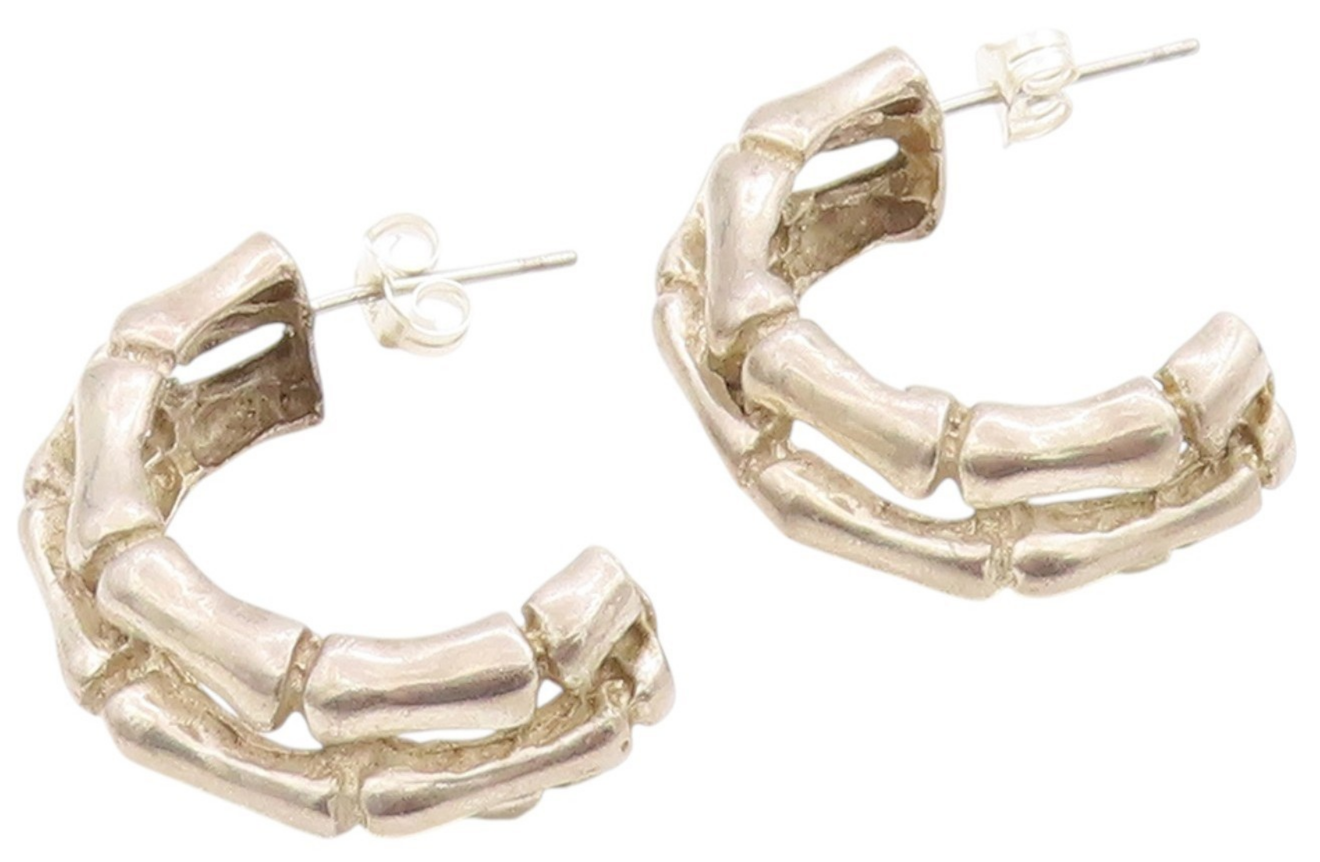 925 Sterling Silver Vintage Earrings Solid Textured Bamboo Design Hoops  EG13685