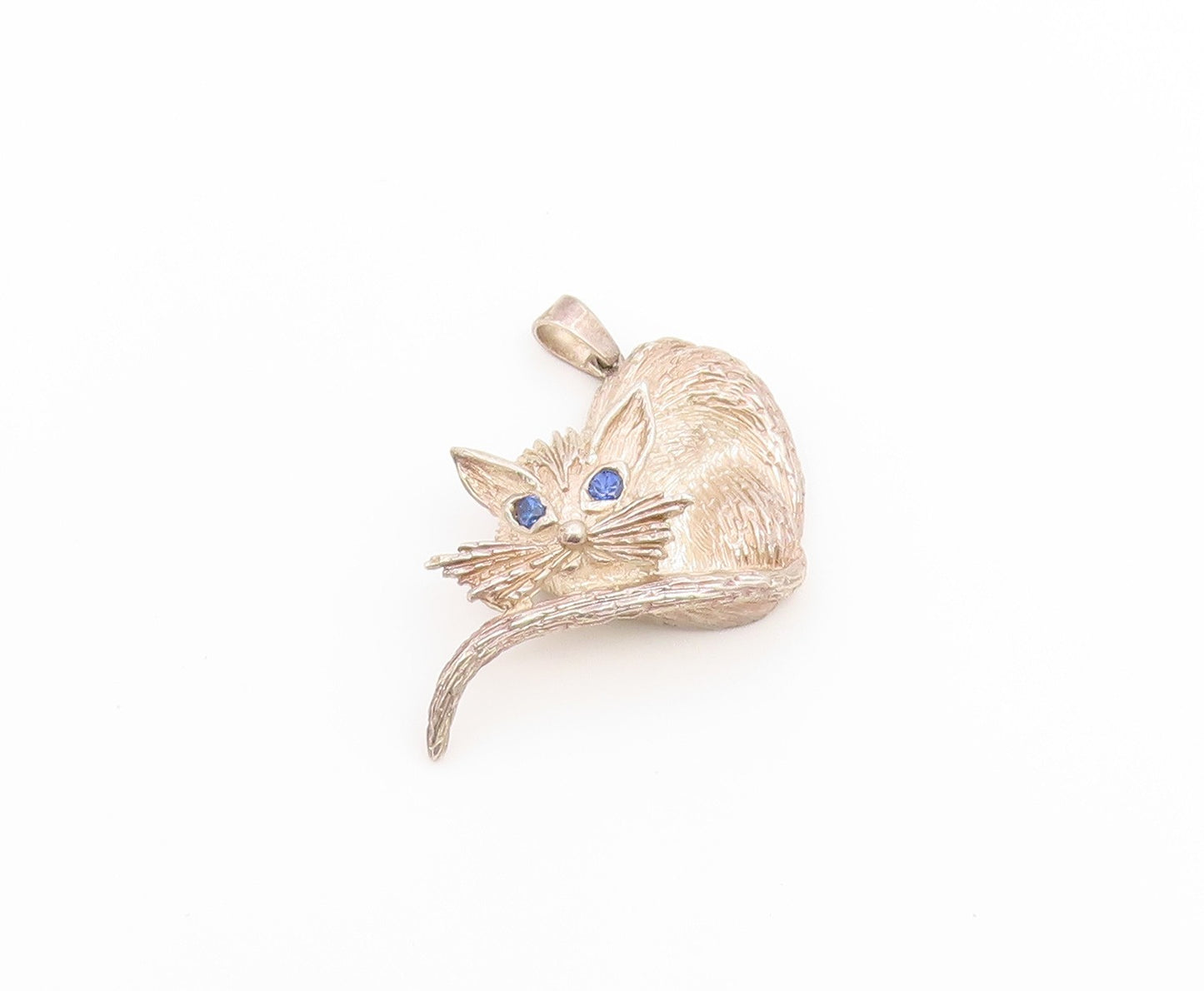 925 Sterling Silver Vintage Pendant Sapphire Eyed Sculpted Feline Charm  PT26598
