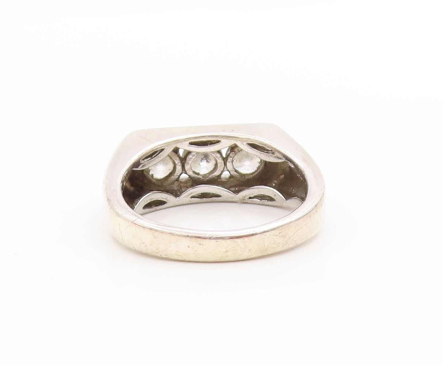 925 Sterling Silver Vintage Ring Three Stone CZ Inset Signet  Sz 10  RG34144