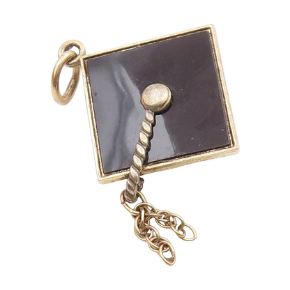925 Sterling Silver  Vintage Black Onyx Graduation Cap Motif Pendant  PT18972