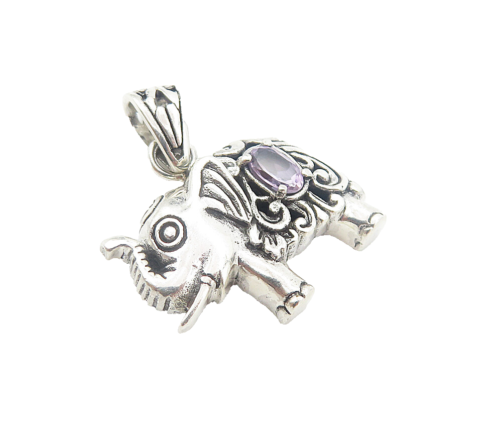 925 Sterling Silver  Vintage Amethyst Swirl Elephant Motif Pendant  PT6204