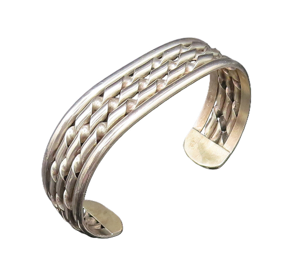 925 Sterling Silver  Vintage Twisted Three Row Cuff Bracelet  BT9484