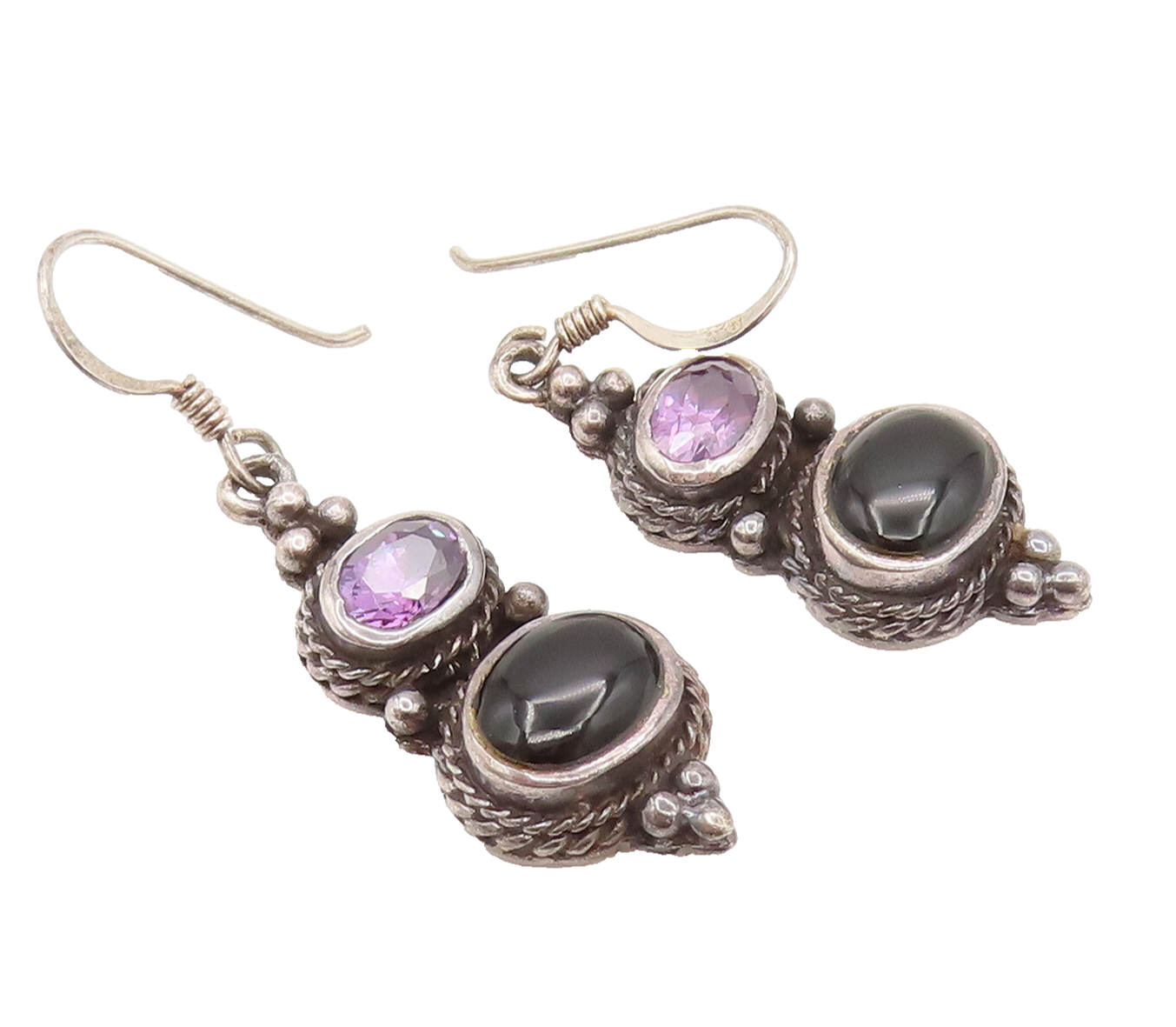 925 Silver  Vintage Twisted Rope Edge Amethyst & Black Onyx Earrings  EG12378