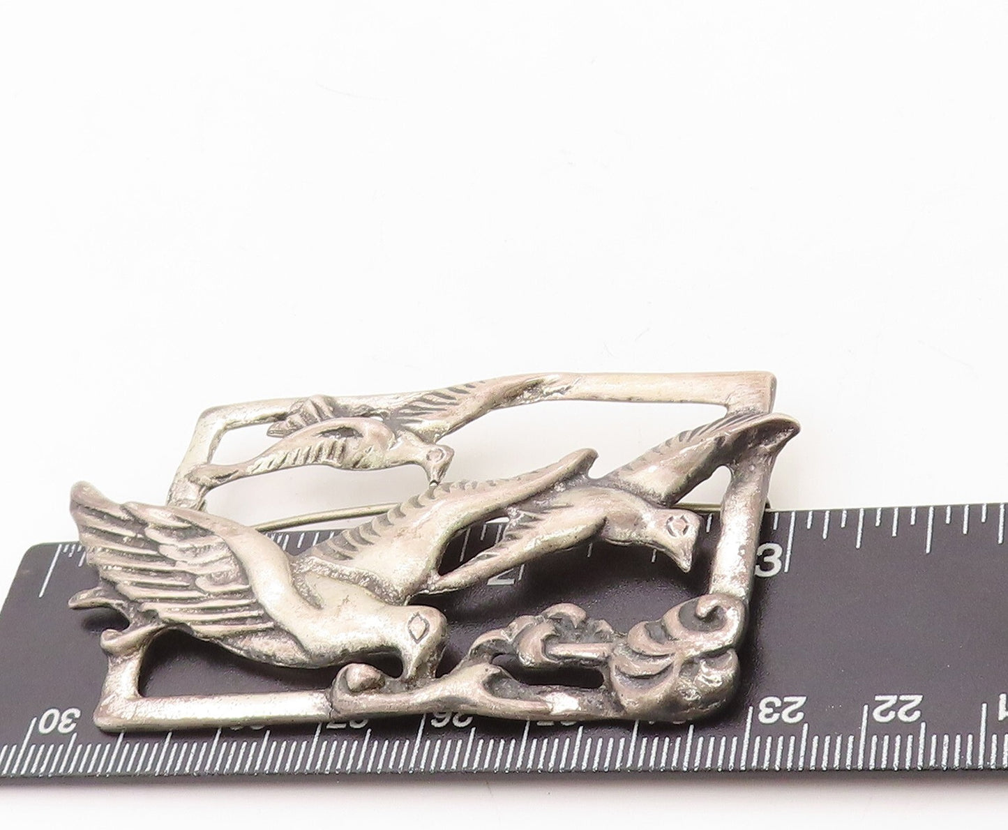 925 Sterling Silver Vintage Brooch Pin Antique Framed Cut Flying Birds BP11292
