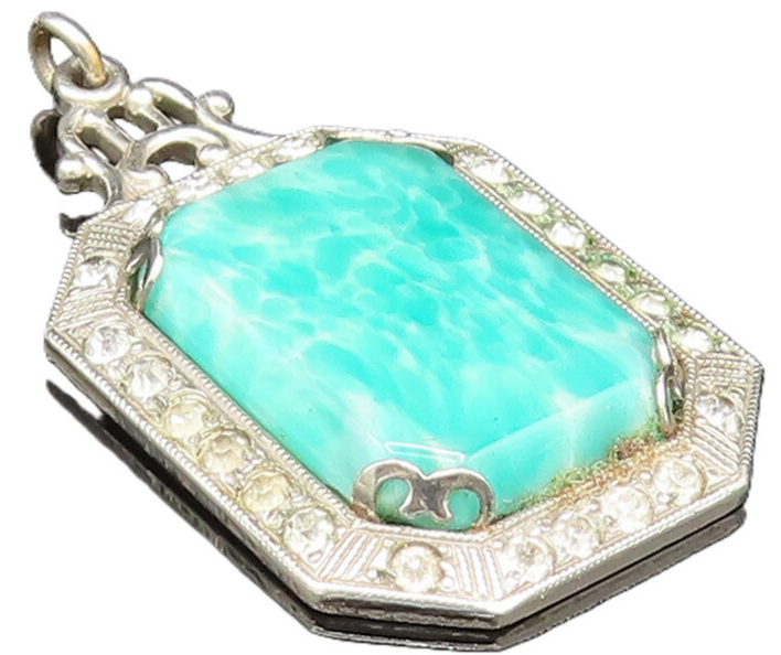 925 Silver  Vintage Victorian Amazonite & Cubic Zirconia Pendant  PT21006