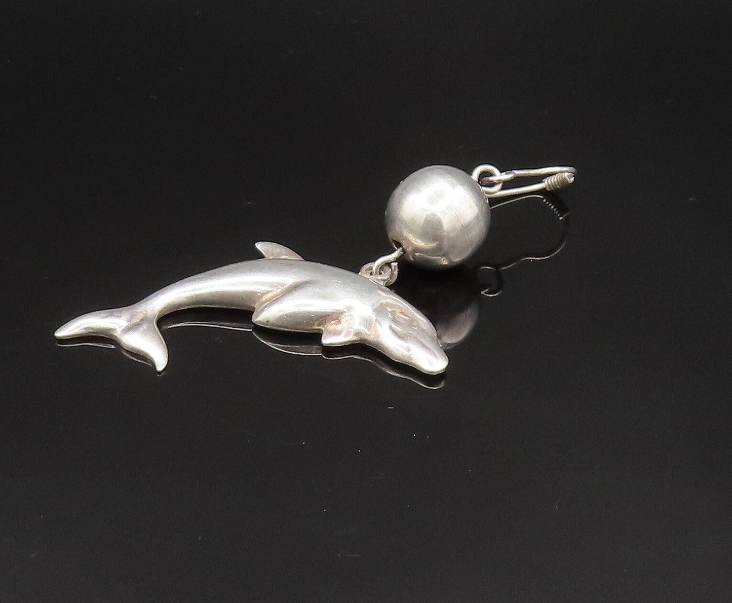 MEXICO 925 Silver  Vintage Bead Ball & Sculpted Dolphins Earrings  EG11830