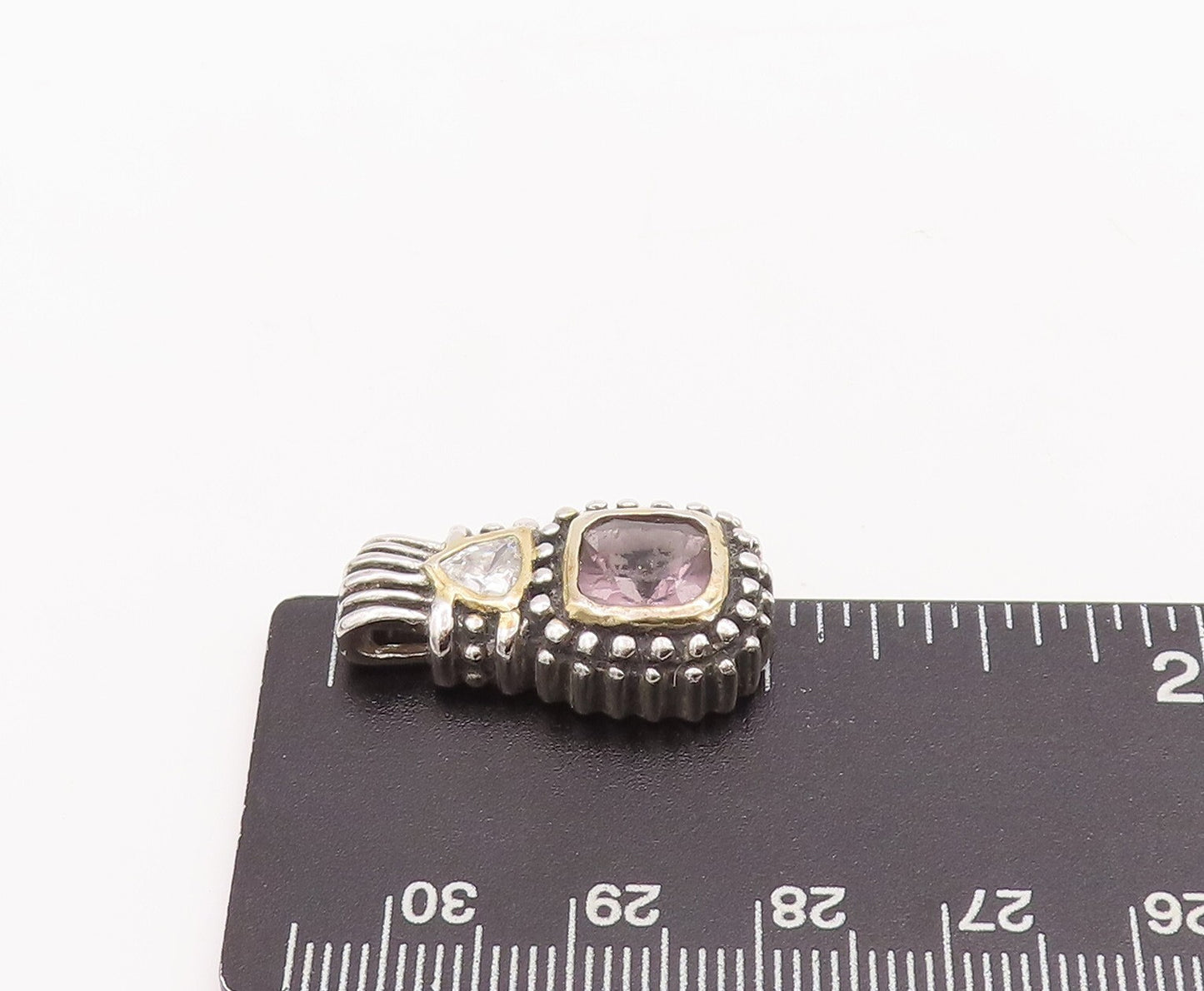 925 Sterling Silver Vintage Pendant Two Tone Square & Triangle CZ Carved PT23288
