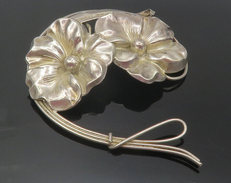 925 Sterling Silver  Vintage Shiny Flowers & Leaf Motif Brooch Pin  BP4369