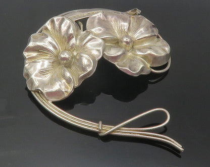 925 Sterling Silver  Vintage Shiny Flowers & Leaf Motif Brooch Pin  BP4369