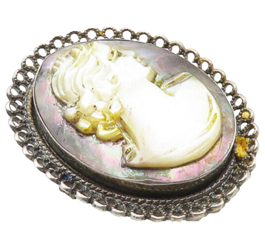 BEAU 925 Silver  Vintage Abalone & Mother Of Pearl Cameo Brooch Pin  BP4129