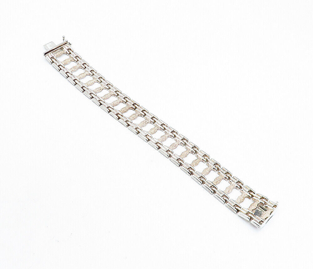 925 Sterling Silver  Vintage Textured Panel Hinge Link Chain Bracelet  BT3122