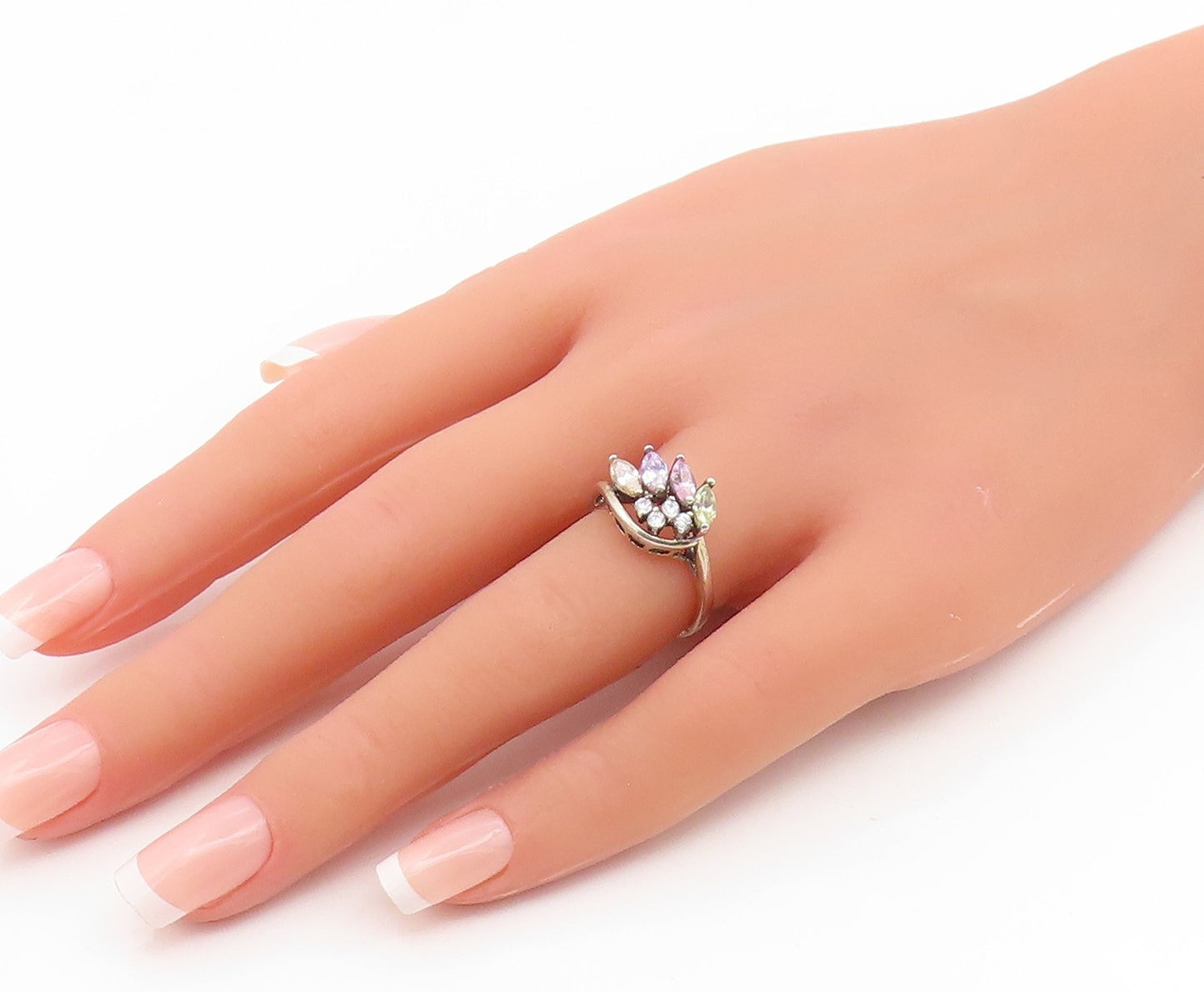 925 Sterling Silver Vintage Ring Marquise Cut Gemstone & CZ Band  Sz 6  RG35128