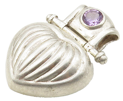 925 Sterling Silver  Vintage Amethyst Fluted Love Heart Hinge Pendant  PT12539