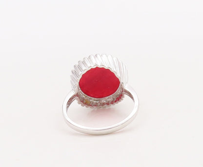 925 Sterling Silver Vintage Ring Fence Shape Carved Red Gemstone  Sz 7  RG29836