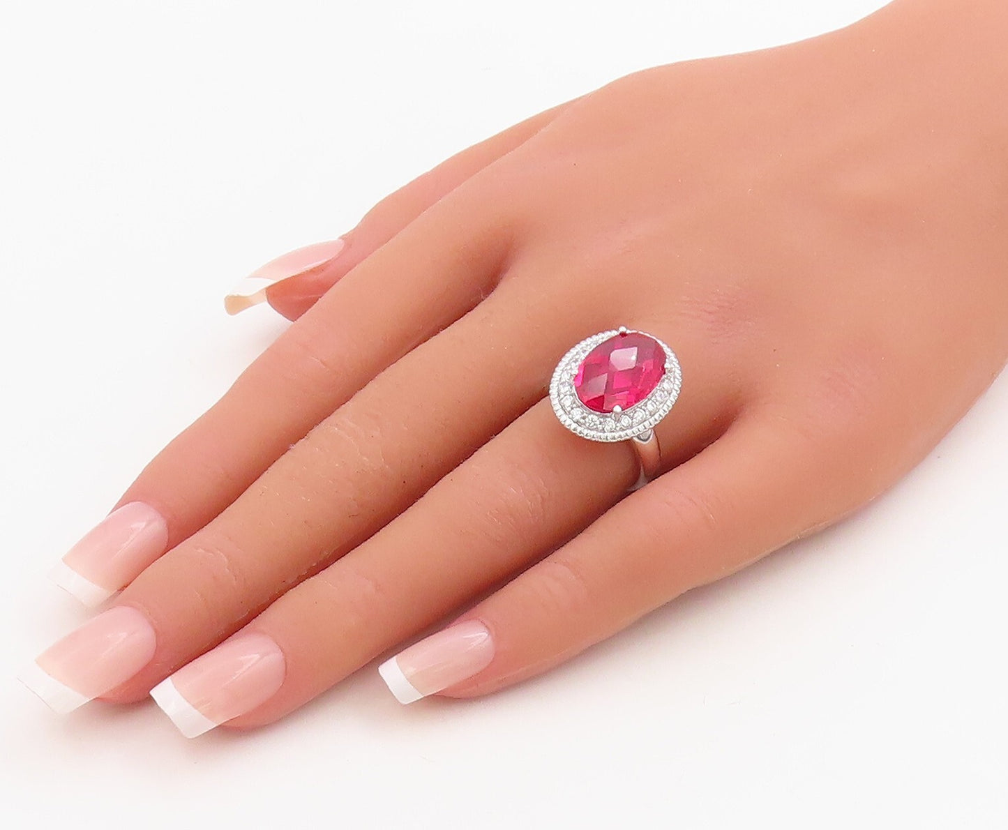 925 Sterling Silver Vintage Ring Large Oval Red Halo White CZ Sz 6  RG30708