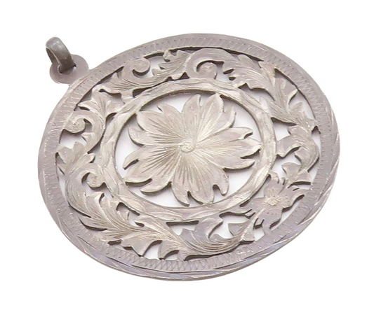 925 Sterling Silver Vintage Pendant MEXICO Dark Tone Floral Cutout  PT23840