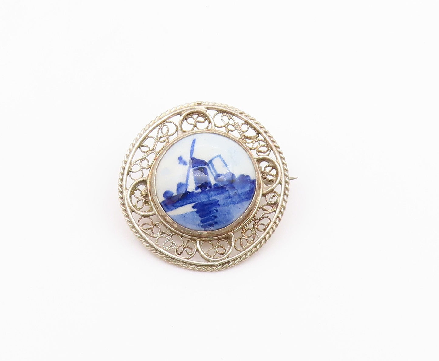 925 Sterling Silver  Vintage Enamel Windmill Scene Swirl Brooch Pin  BP8942