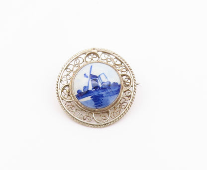 925 Sterling Silver  Vintage Enamel Windmill Scene Swirl Brooch Pin  BP8942