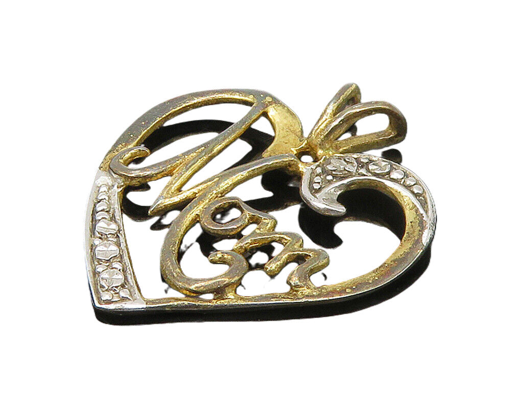 925 Sterling Silver  Vintage Genuine Diamond Mom Love Heart Pendant  PT12307