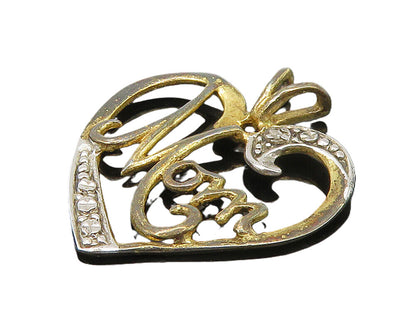 925 Sterling Silver  Vintage Genuine Diamond Mom Love Heart Pendant  PT12307
