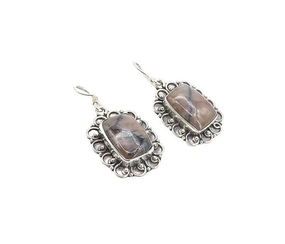 925 Sterling Silver  Vintage Cabochon Cut Agate Floral Dangle Earrings  EG3776