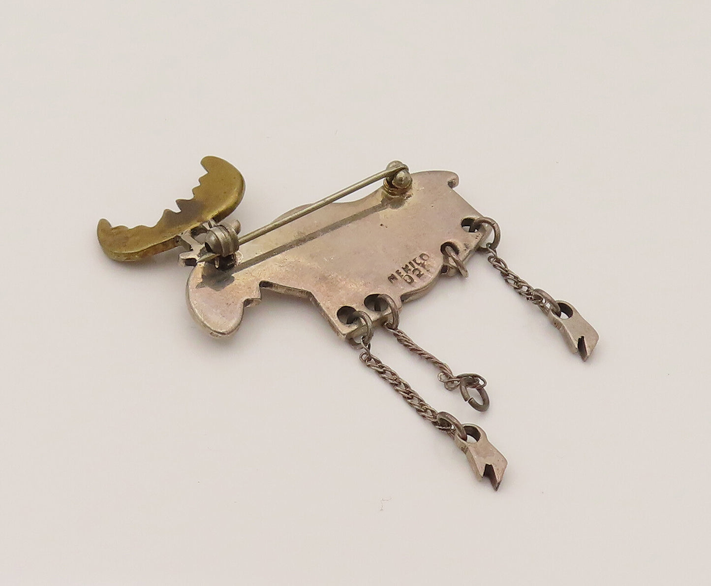 MEXICO 925 Silver  Vintage Two Tone Animal Dangle Chain Brooch Pin  BP10235