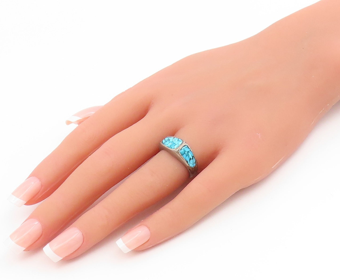 925 Sterling Silver Vintage Ring Crushed Turquoise Inlay Band  Sz 6  RG35176