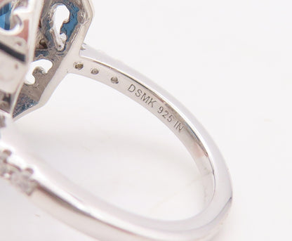 925 Sterling Silver Vintage Ring Designer Rectangle Sapphire & CZ  Sz 7  RG30665