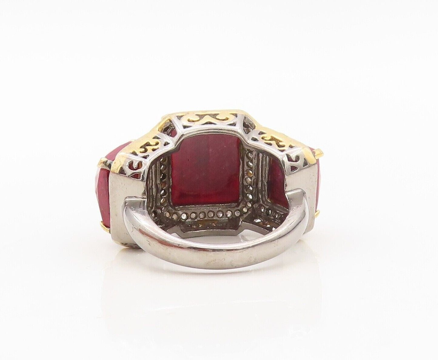 925 Sterling Silver Vintage Ring Diamonds Frame & Red Gemstones  Sz 5  RG30229