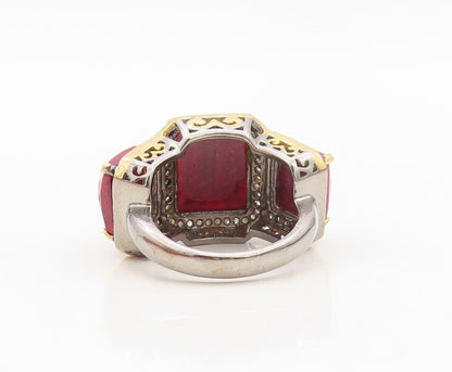 925 Sterling Silver Vintage Ring Diamonds Frame & Red Gemstones  Sz 5  RG30229