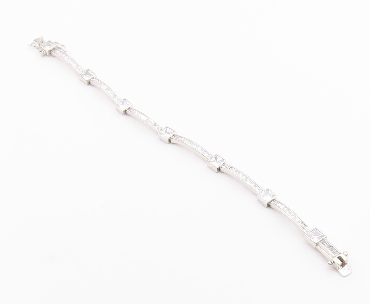 925 Sterling Silver  Vintage Shiny Cubic Zirconia Bar Chain Bracelet  BT8841