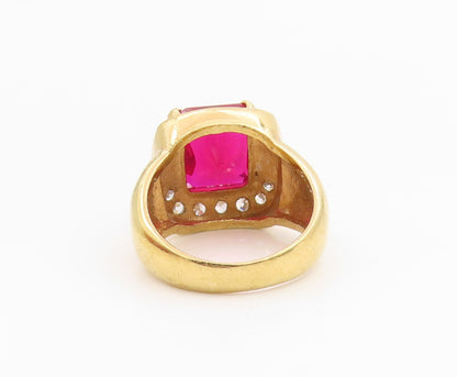 925 Sterling Silver Vintage Ring Gold Plated Ruby & Halo CZ Band  Sz 7  RG35384