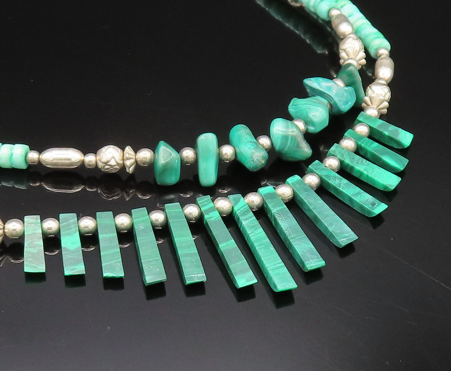 925 Silver  Vintage Two Strand Malachite & Floral Beads Necklace  NE4012