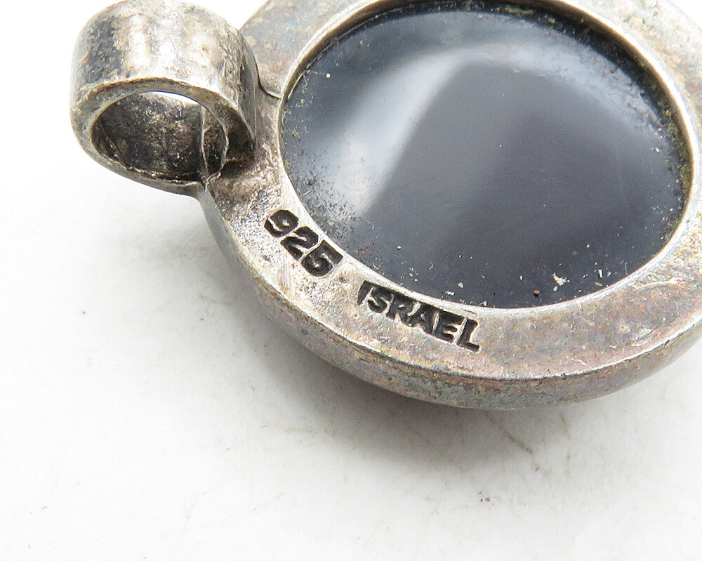 ISRAEL 925 Sterling Silver  Vintage Cabochon Cut Black Onyx Pendant  PT7468