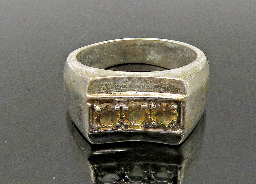 KARIS 925 Silver  Vintage Topaz 3 Stone Square Dome Band Ring Sz 10  RG22022