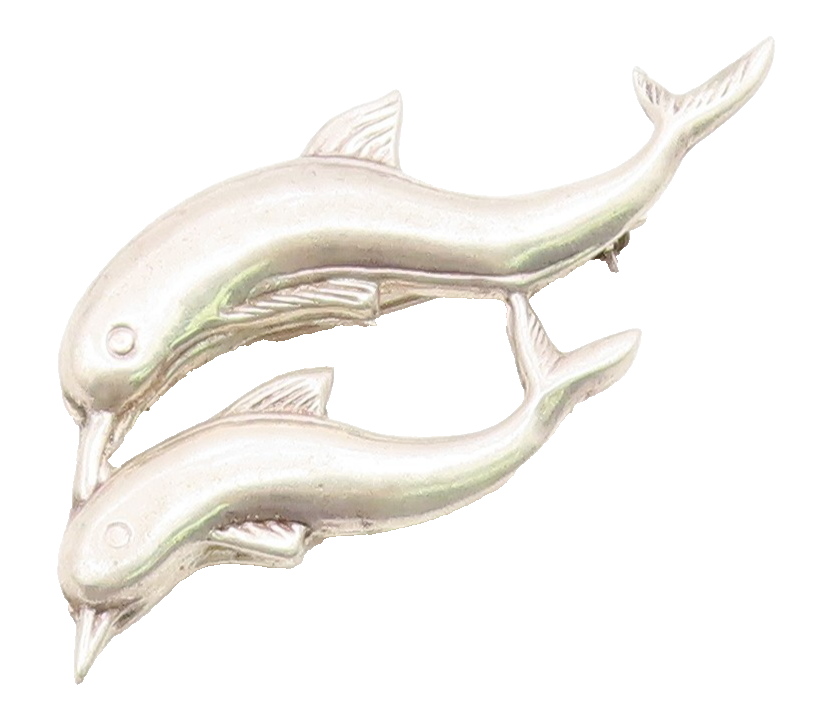 925 Sterling Silver  Vintage Shiny Smooth Swimming Dolphins Brooch Pin  BP6694