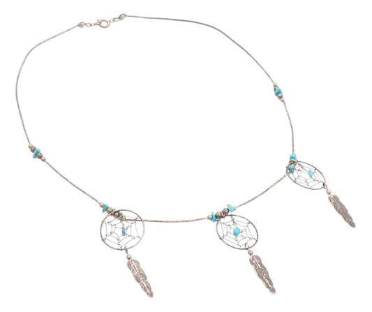 925 Sterling Silver Vintage Necklace Antique Turquoise Dream Catchers  NE4558