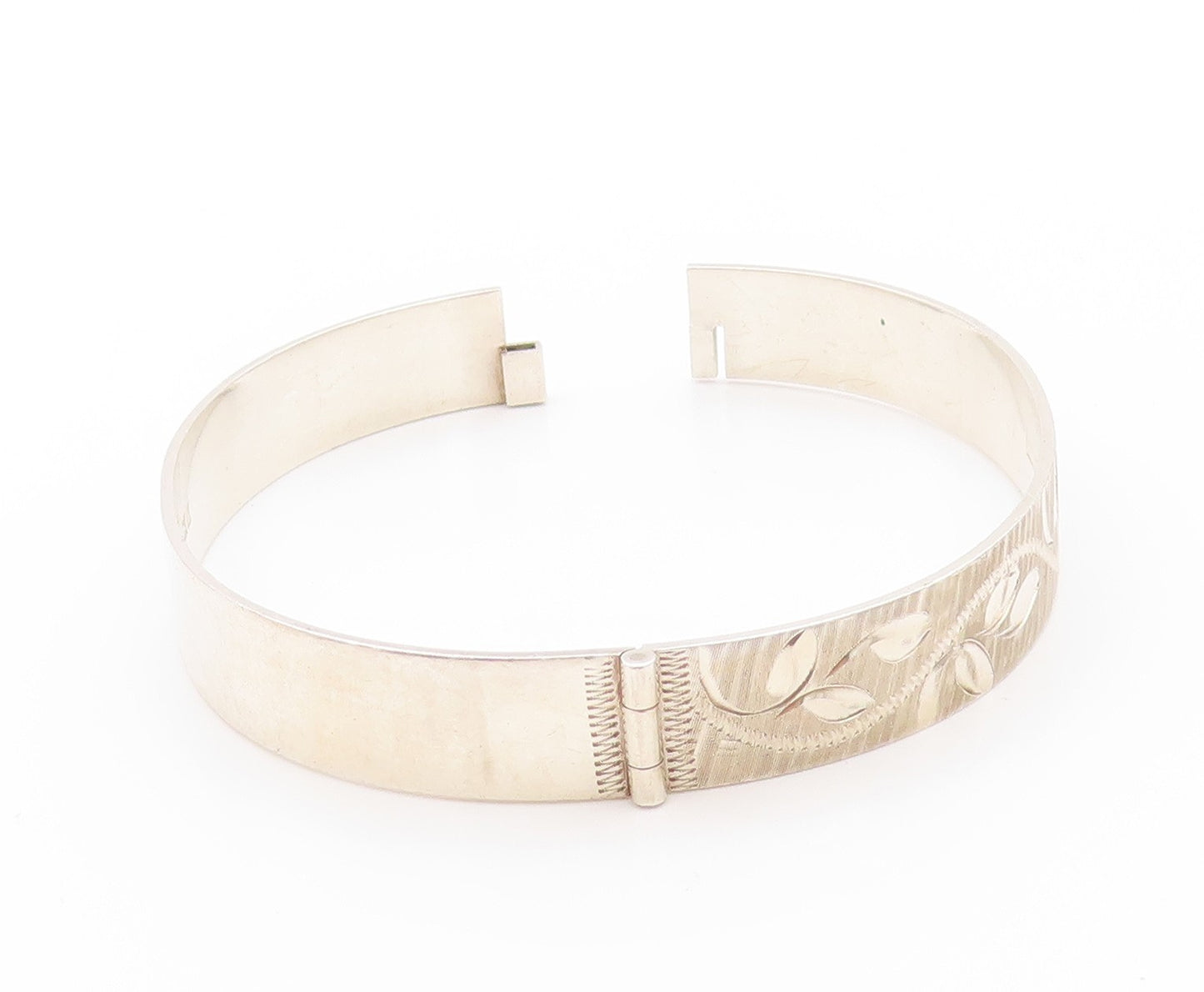 925 Sterling Silver Vintage Bracelet Hinged Floral Carved Bangle   BT11265