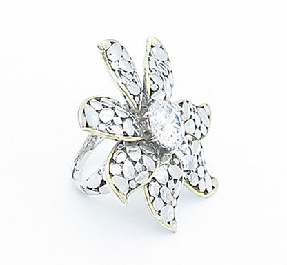 925 Sterling Silver  Cubic Zirconia Flower 2 Tone Cocktail Ring Sz 6  RG3629