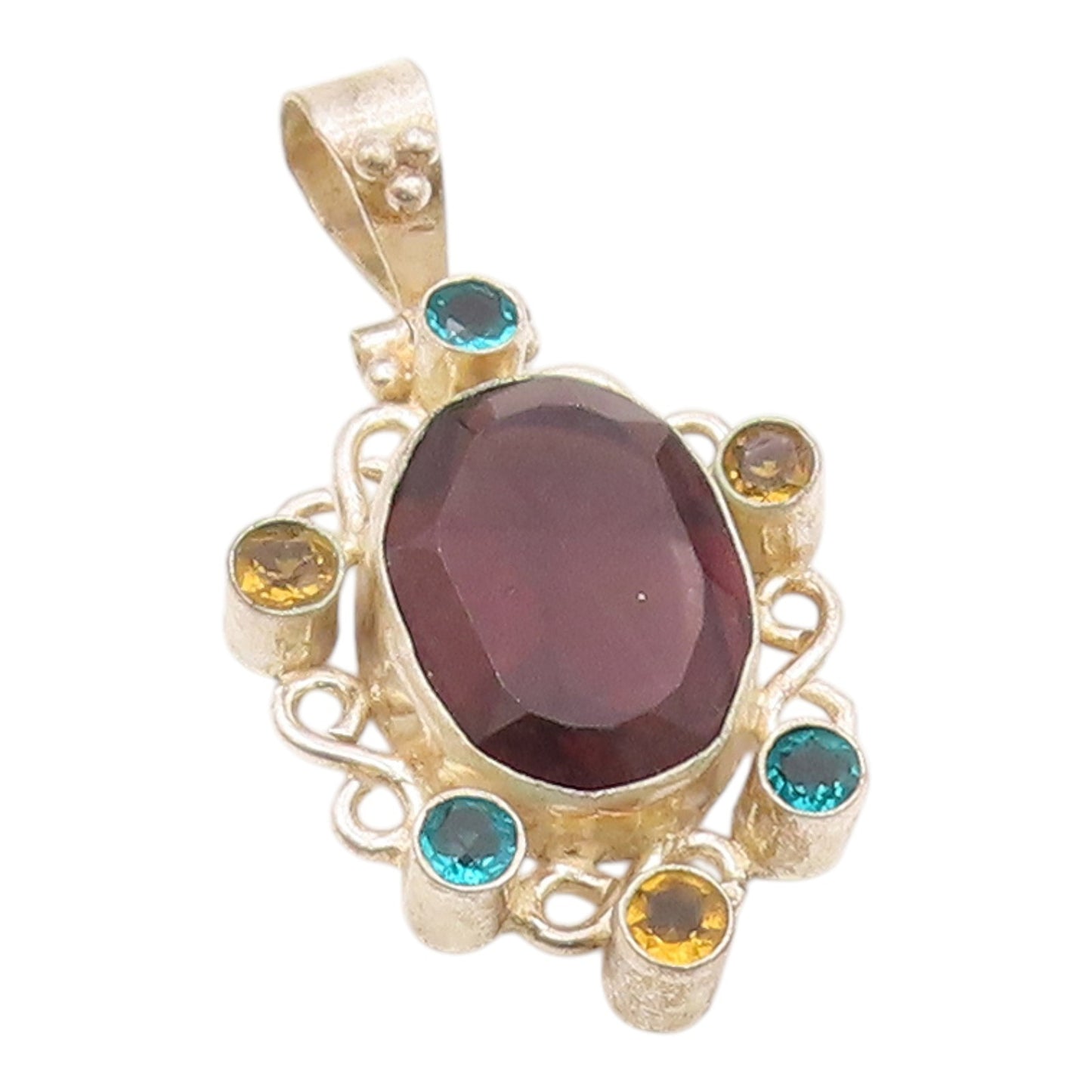925 Silver  Vintage Open Swirl Wine Spinel & Multi Stone Pendant  PT21176